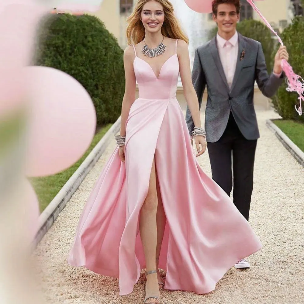 Pink Spaghetti Strap Wedding Dresses, Sexy Prom Evening Gowns, High Slit, V Neck, Beach Garden Ocasions, Verão