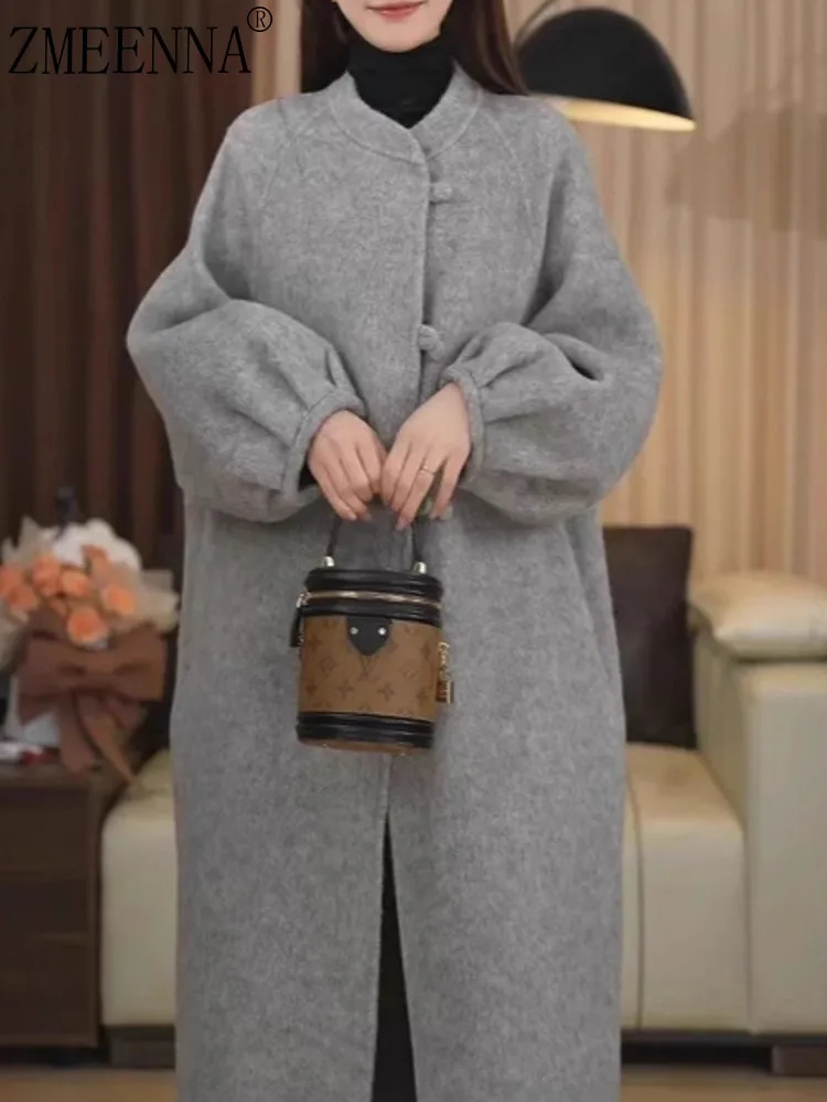 

ZMEENNA Elegant Women's Grey Wool Blend Long Cardigan Coat With Mandarin Collar And Button Closures Loose Fit Outerwear ZM3501