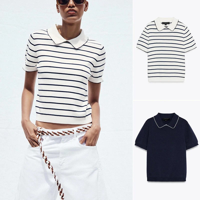 Atasan Rajut Kasual Wanita Musim Panas, Warna Blok, Model Slim Fit dari Serat Polyester