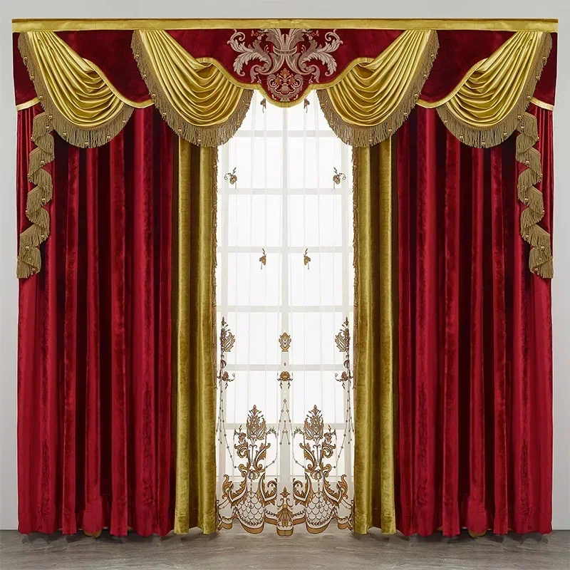 Embroidered Curtains Style Luxury Curtain for Villa Bedroom Velvet Red High-end Sunshade Color Matching Finished