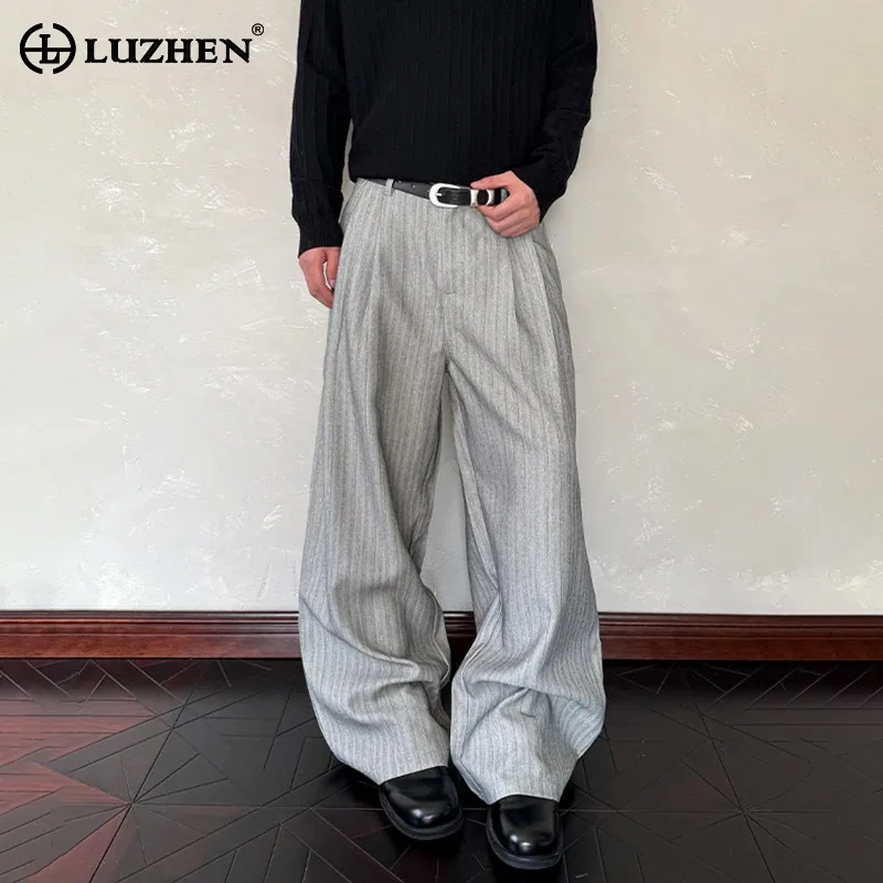 

LUZHEN 2025 New Fashion Handsome Elegant Temperament Loose Wide Leg Trousers Men's Stripe Printed Pleated Casual Pants JY4094
