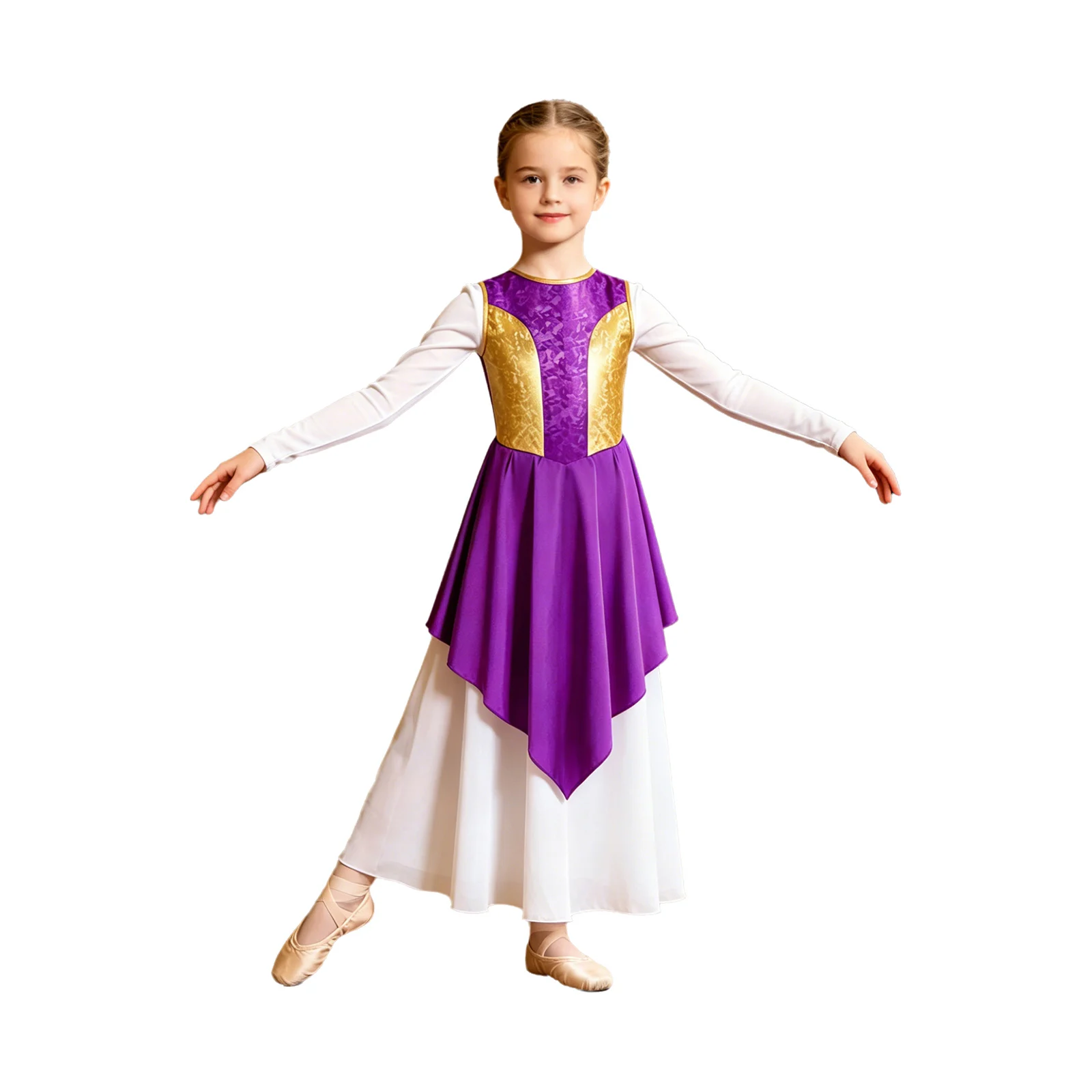 Kids Lyrical Liturgical Dance Costume Girls Praise Tunic Dresses Sleeveless Colorblock Metallic Asymmetrical Satin Worship Dress