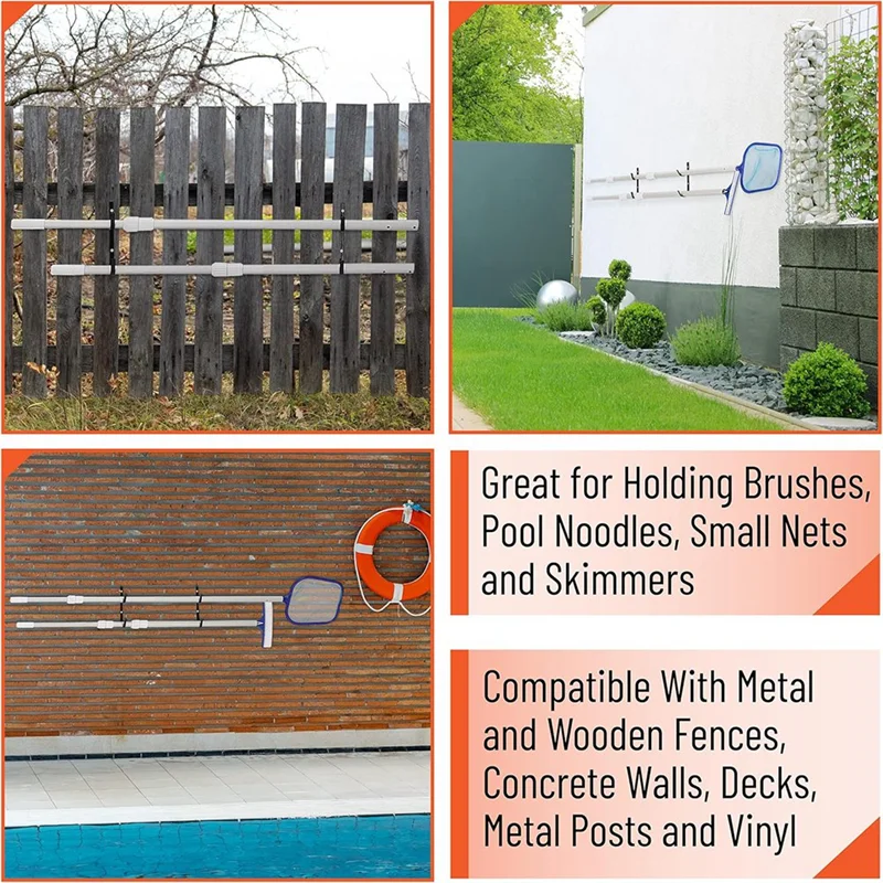 ABBO-Pool Pole Hanger 4Pc,Hooks For Telescopic Poles,Skimmers,Leaf Rakes,Nets,Brushes,Vacuum Hose,Garden Tools And Swimming