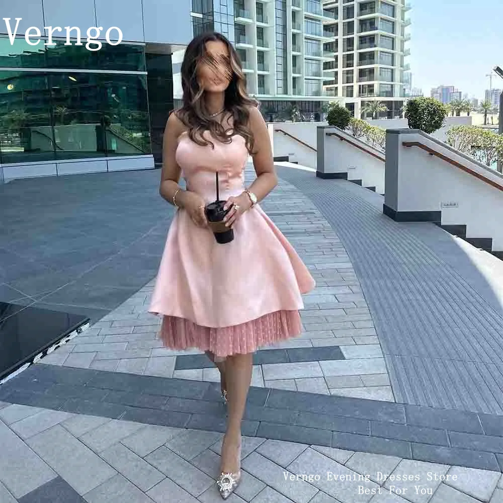 

Verngo Blush Pink Satin Prom Gowns Women Strapless A Line Short Party Dress Simple Arabic Formal Occasion Dress