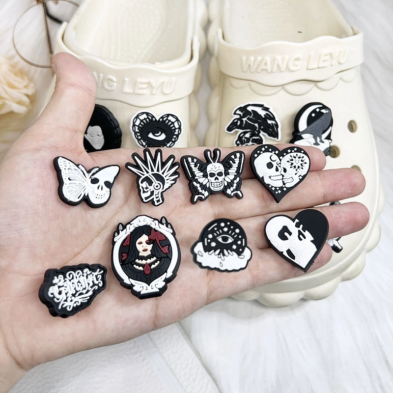 16PCS Halloween Shoe Charms for Croc Clog Sandals, Black White Skull Emo Shoe Charms Accessories for Adult Men Women Party Favor