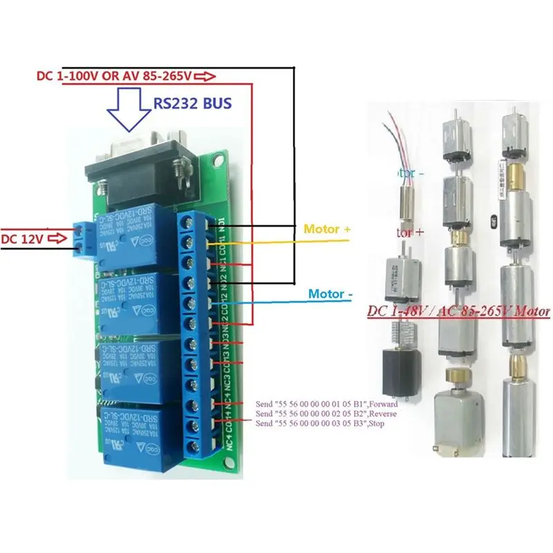 DT17 DC 12V 4 Channel RS232 Relay Board, Serial Port Remote Control Switch Module, DB9 Interface for Motor Garage