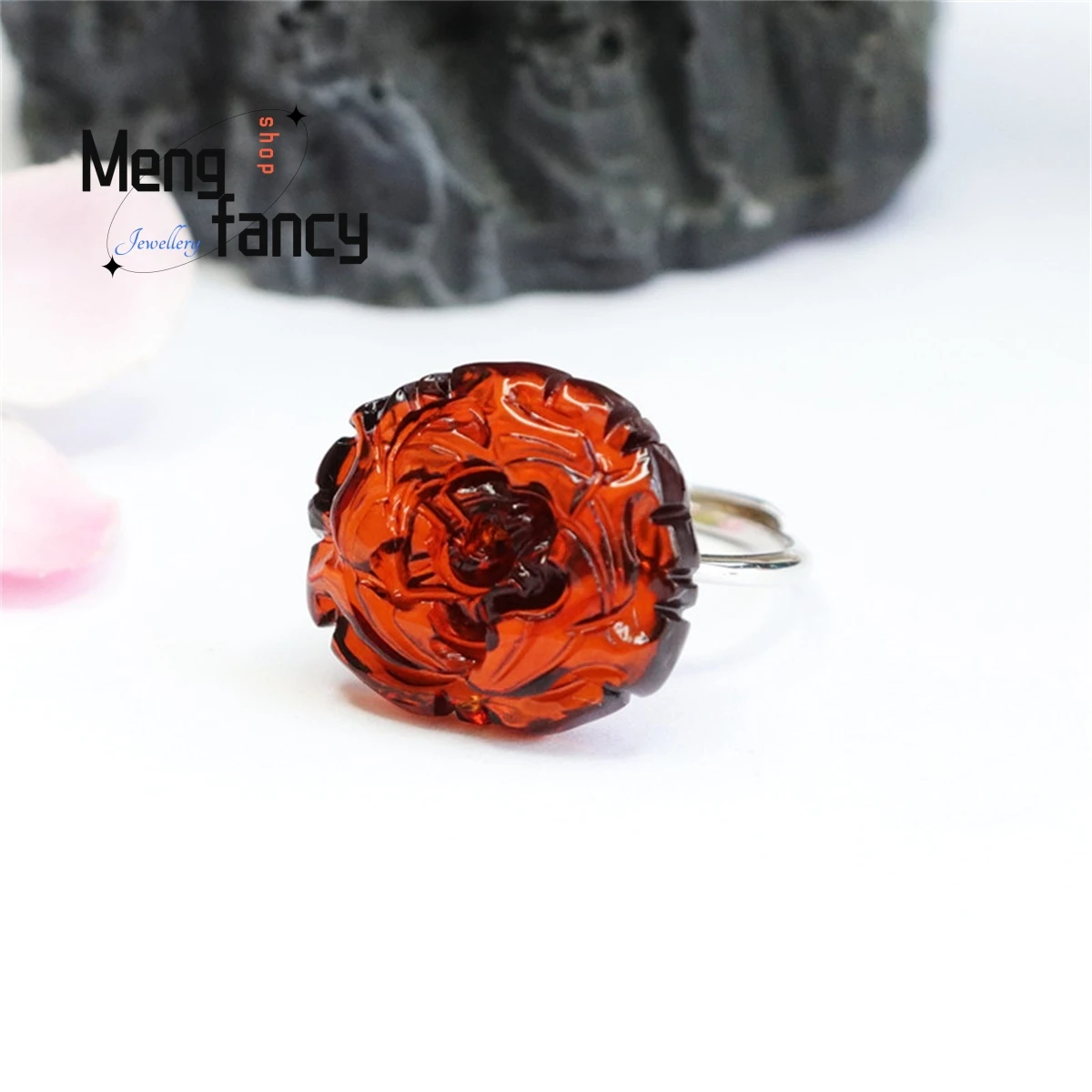 Natural S925 Inlaid Blood Pur Water Purification Amber Peony Ring Simple Generous Fashion Retro Women Fine Jewelry Luxury Gift