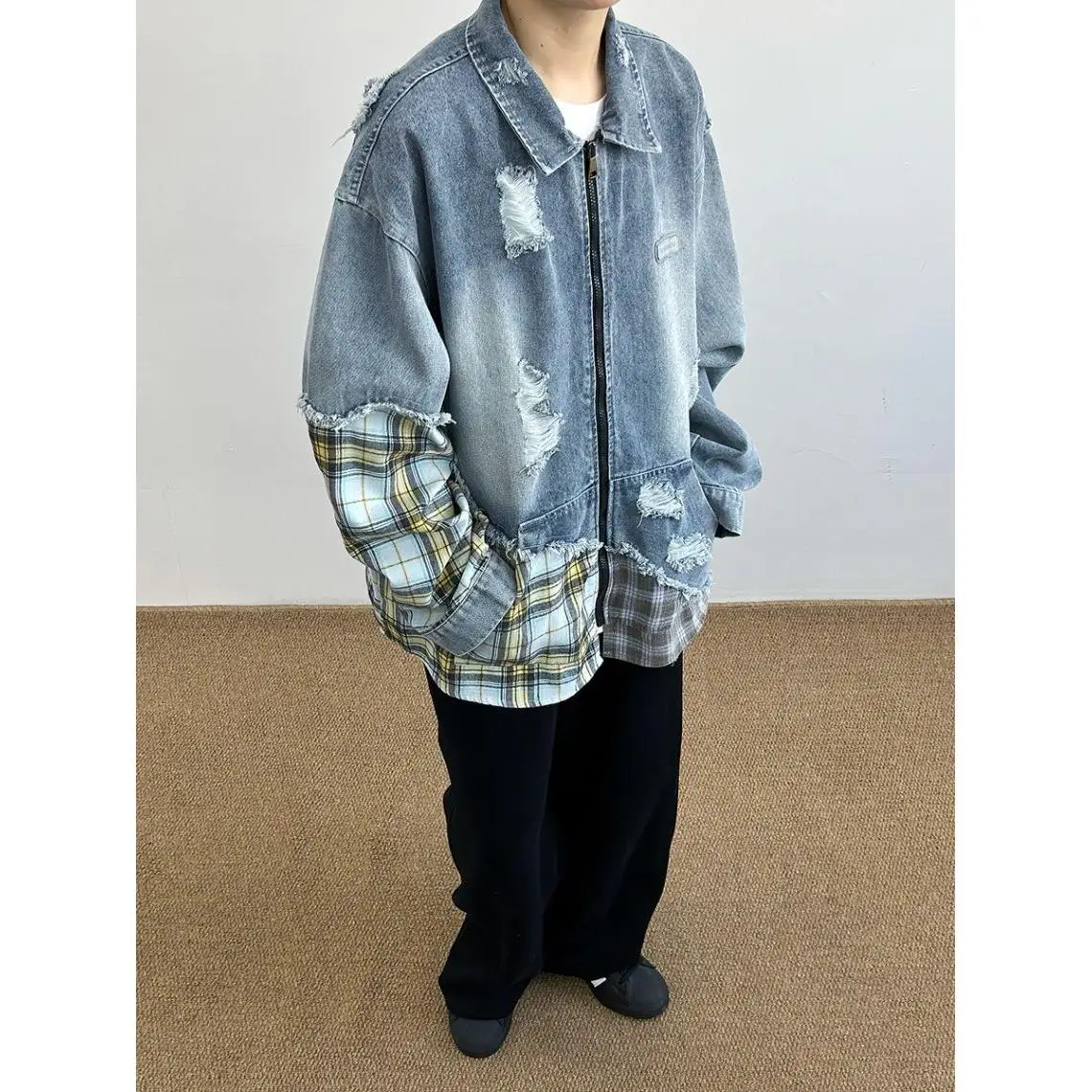 

American Sle Trendy Brand Irregular Plaid Splice Hole Denim Jaet Men's Women's Retro INS Trend Outerwear Polyester Fabric