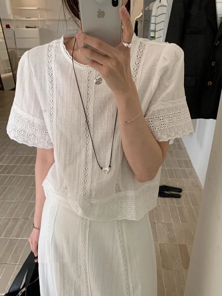 Korean Sle Faion Set Women Summer Lace Splicing Top High Waist Slimming Personali  Skirt White Two Piece Set