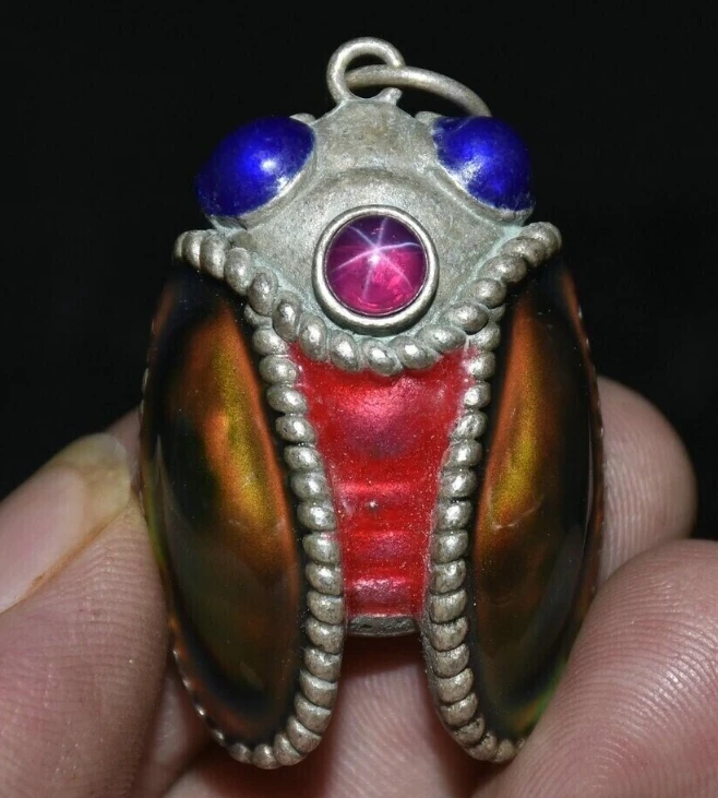 Rare Old Chinese Silver inlay Red Gems Cloisonne Cicada Pendant Necklace