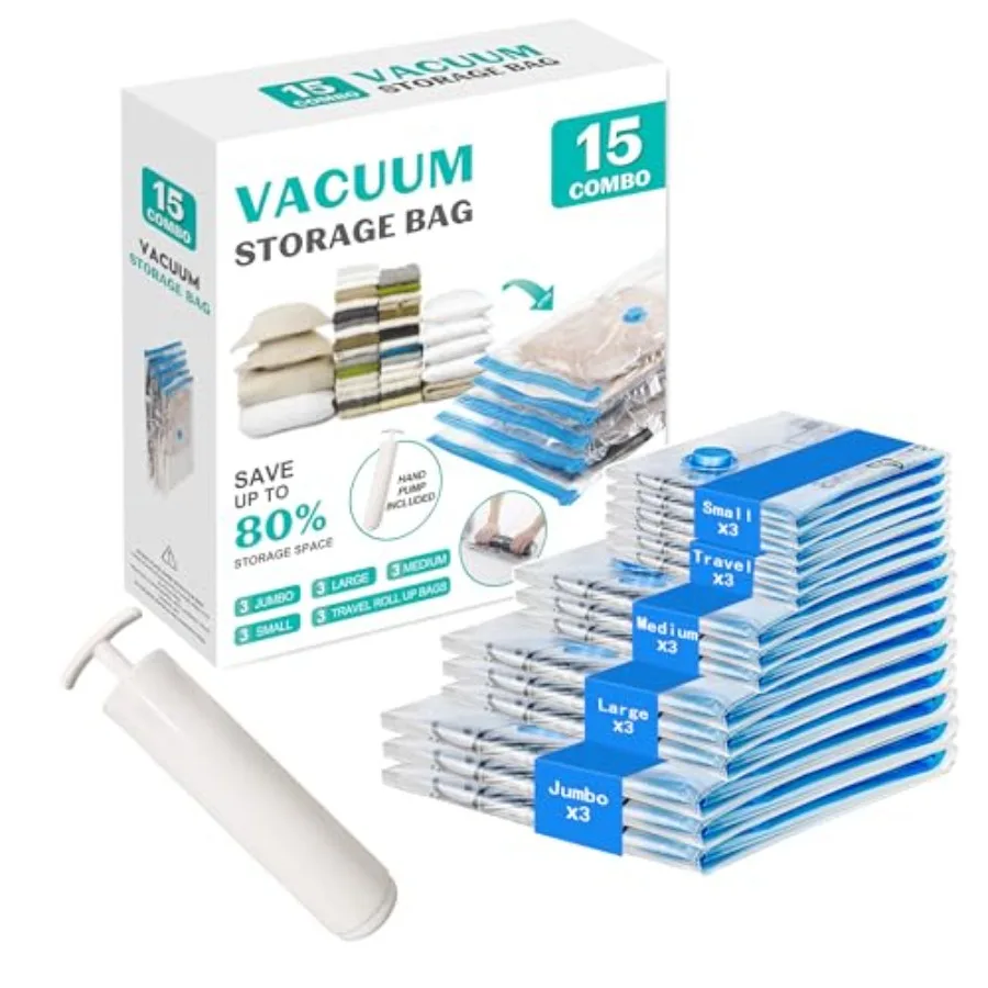 15 Pack Vacuum Seal Bags for Clothing Travel, Space Saver Vacuum Storage Bags for Blankets, Luggage, Clothes, Comforter, Hand P