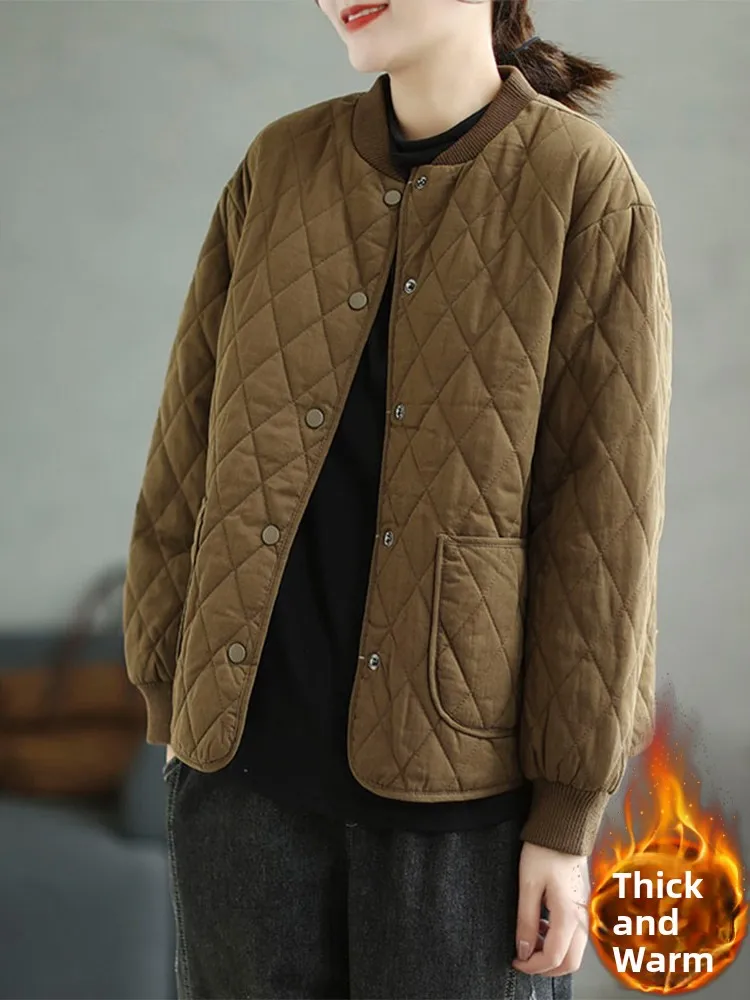 

Свободный женский бейсбольный воротник Thiened Cotton Jaet Верхняя одежда с ромбовидным узором в стиле ретро Пальто Художественное пальто для поездок на работу Sle Lon...