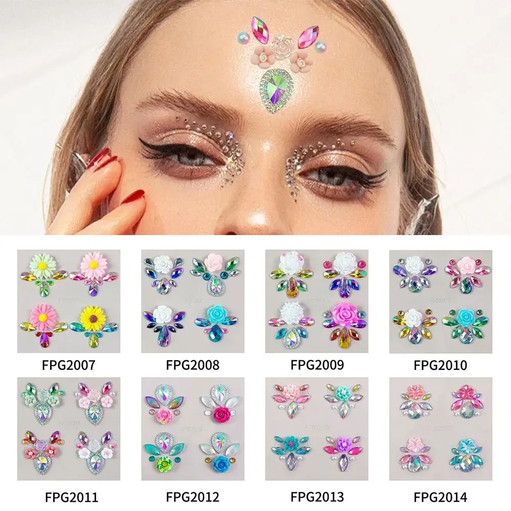 12Pcs with Diamond Face Gems Stickers Pearl Rhinestones Forehead Sticker Flowers Spring Body Art Decals