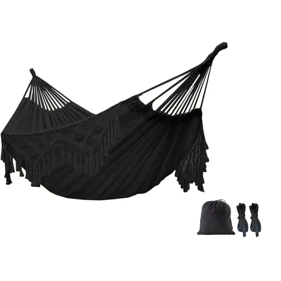 

Двойной гамак в стиле бохо из макраме, хлопковый, портативный, сменный, грузоподъемность 440 фунтов, черный
