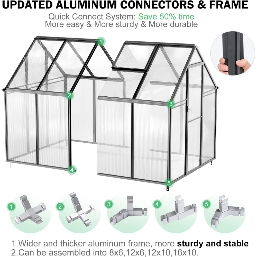 Gewächshaus-Set aus Polycarbonat, 8 x 6 x 6 Fuß außen, robustes Gewächshaus mit Fenstertür für Hinterhof, Garten, Außenwandern