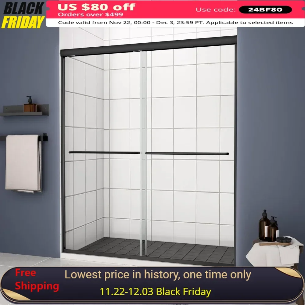 

Double Sliding Glass Shower Door, 56-60" W X 70" H Waterproof Bathroom with 1/4 Inch(6mm) Thick Tampered Glass, Shower Door