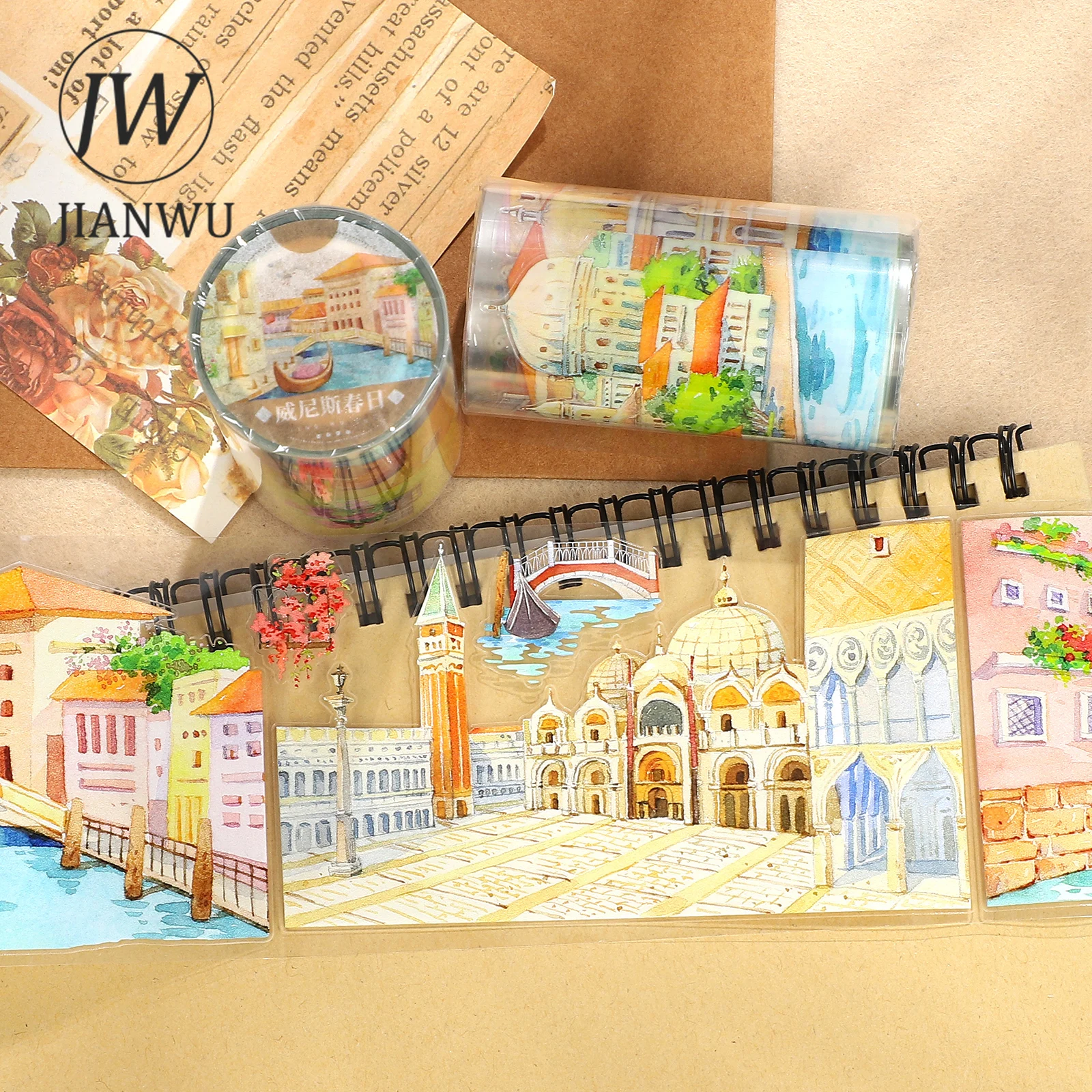 JIANWU 70mm*5m Vintage Venice Travel River House Landscape Material Collage Scrapbooking PET Tape Creative Journal Stationery