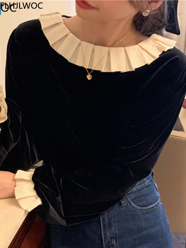 Two Way Wear 2022 Cute Sweet Girls Tops Blusas Hot Sales Chic Korea Japan Style O Neck Solid Black Ruffles Velvet Blouse 1071