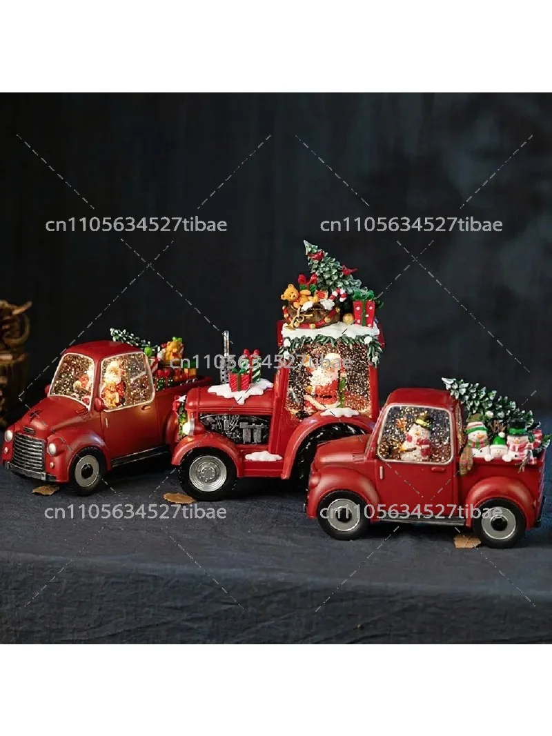 Red Truck Vintage Car Snow Globe Music Box Christmas Decorative Ornament with Snowfall Effect