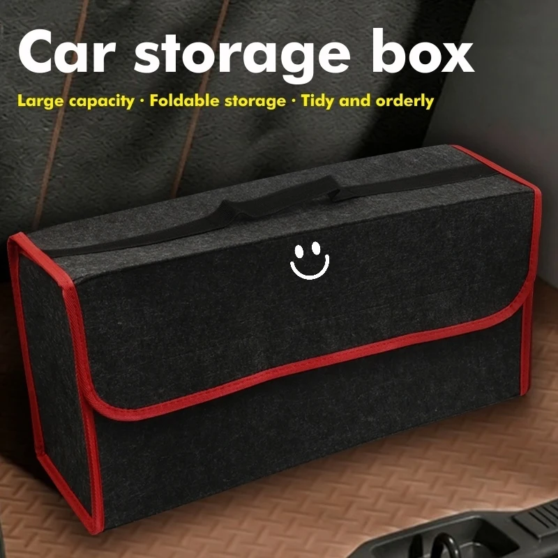Smiley Face Design, Single-Piece, Multi-Style Felt Car Trunk Storage Box with Handle, Foldable Portable Car Storage Bag, Large-C