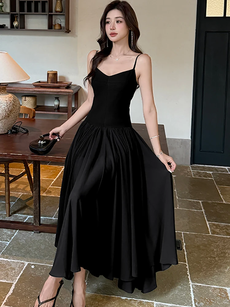 ฤดูร้อนPatchworkจีบA-Lineชุดยาวผู้หญิงสบายๆชุดสลิง 2025 เกาหลีVINTAGE Bodycon Luxury Nightชุด