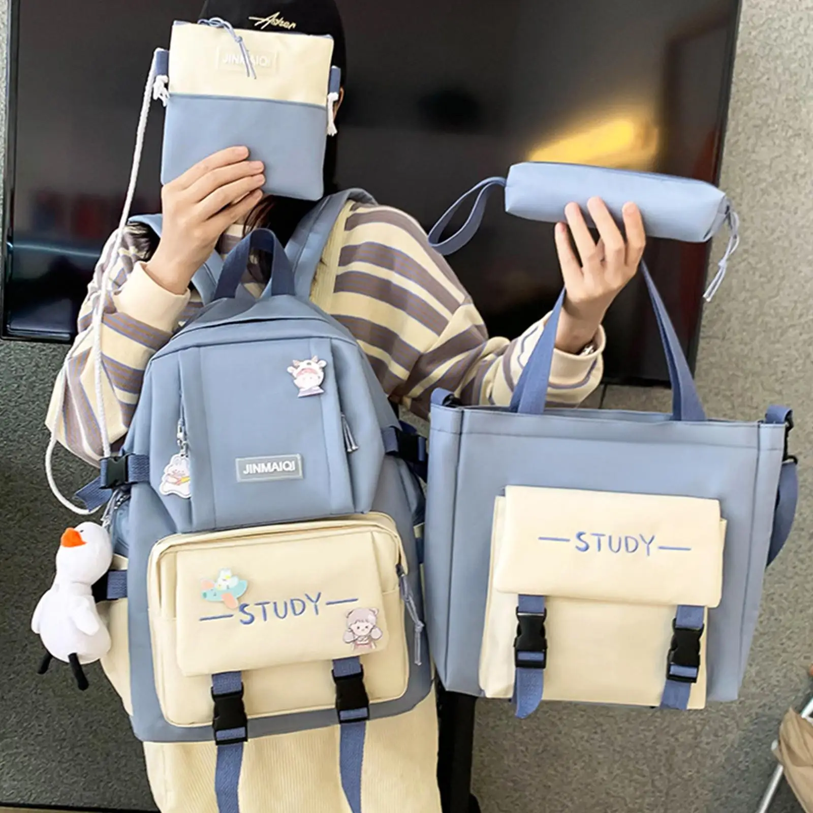 4pcs/set Teenagers Student Women Girls Canvas Tote Laptop Backpack Stylish Travel Diaper Bag Pencil Case