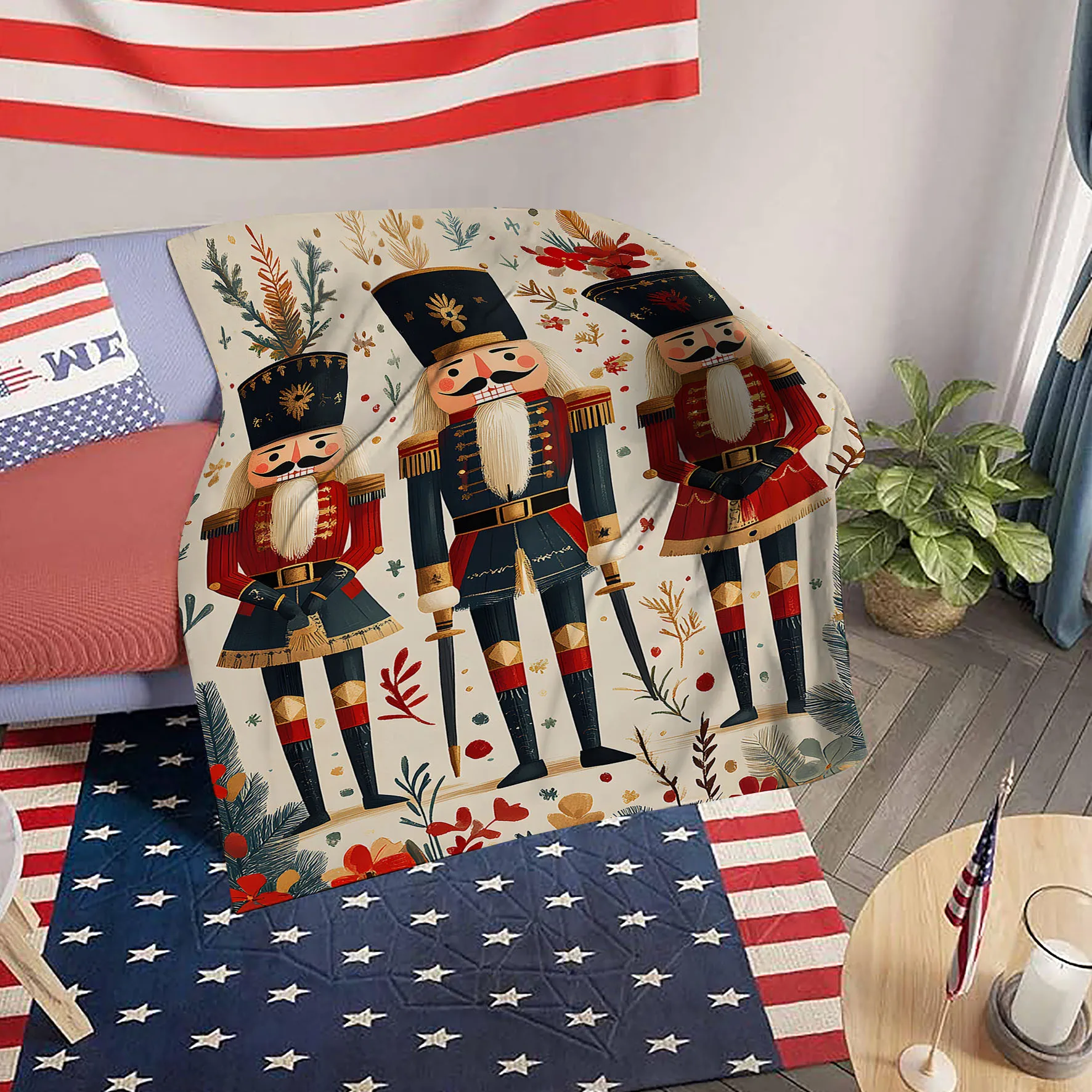 Nutcracker Soldier Flannel Blanket - Vintage Polyester Throw,Soft All-Season Decor for Bed/Sofa, Machine Washable Christmas Gift