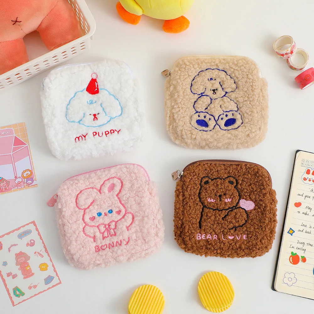 

Women Sanitary Napkin Cosmetic Bag Girls Korea Soft Cute Bear Dog Coin Purse Card Case Holder Flannel Storage Bag Clutch Bags