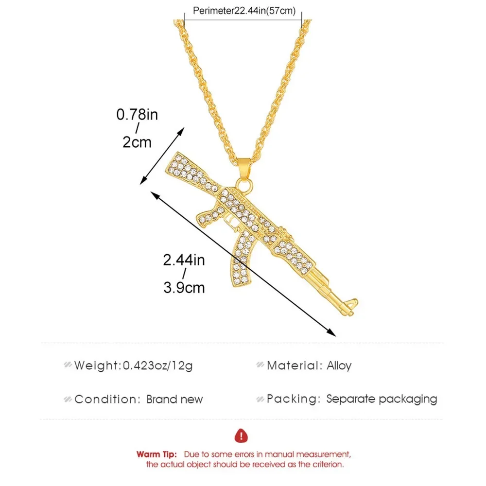 Hiphop&Rock AK47 Rifle&Gun Pendant Necklaces for Men Women Crystal Metal Clavicle Chain Choker Party Daily Jewelry Gifts