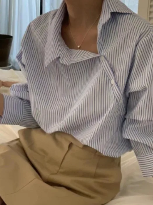 

Шикарная весенняя свободная рубашка в полоску с рукавами-фонариками, женская рубашка с пуговицами, повседневный топ в корейском стиле с длинными рукавами и воротником