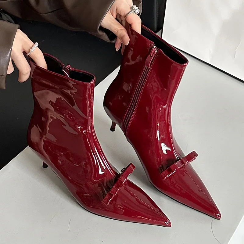 Calzature con tacco basso da donna stivali corti moderni da festa scarpe moda stivaletti da donna con nodo a farfalla scarpe con cerniere femminili