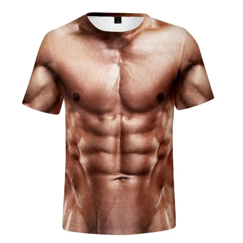 Summer Funny 3d Muscle T Shirt Men\'s New Short-sleeved Fitness Cool Top Tee Streetwear Cosplay Fake Muscle T Shirt Belly