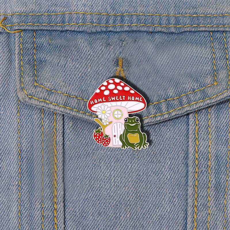 Sweet Strawberry Frog Home Enamel Pins Red Mushroom House Alloy Brooch Badges Cute Trendy Lapel Jewelry Gift For Kids Friends