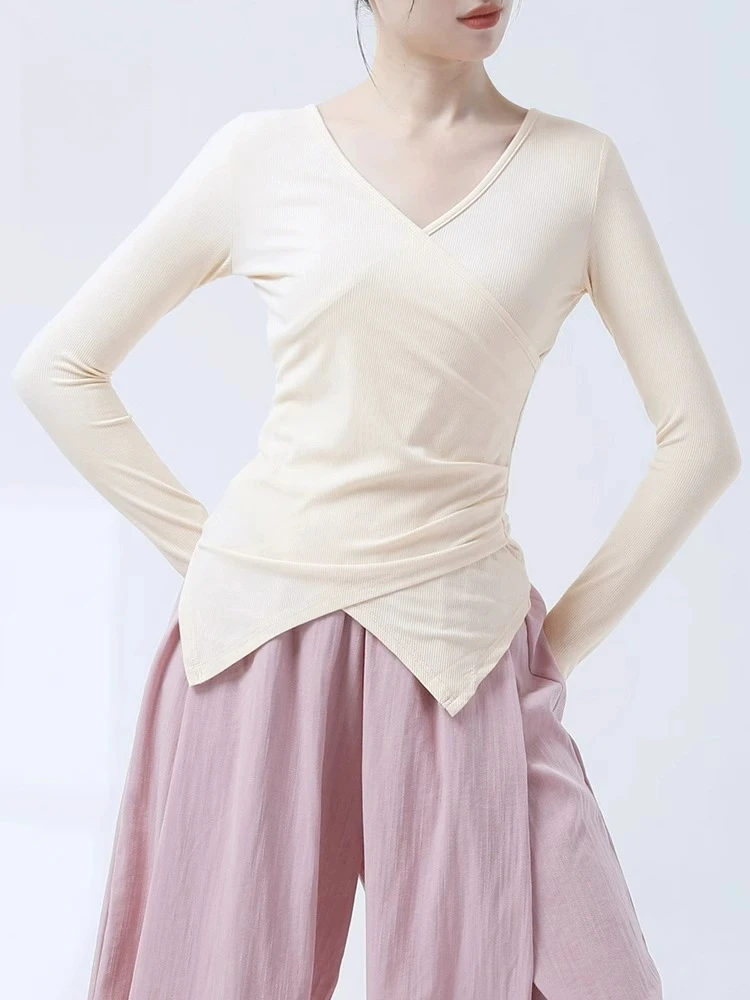 

UK Latin&Chinese Dance Wear-Keyhole V-Neck Top with Long/Short Sleeves & Posture-Enhancing Practice Wear for Women Fall Winter
