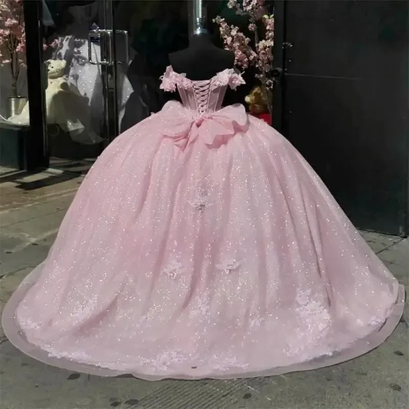 Милое светло-розовое платье принцессы Quinceanera, красивое бальное платье с иллюзией и бабочкой, тюлевое платье на шнуровке для дня рождения, robe de quinceaner