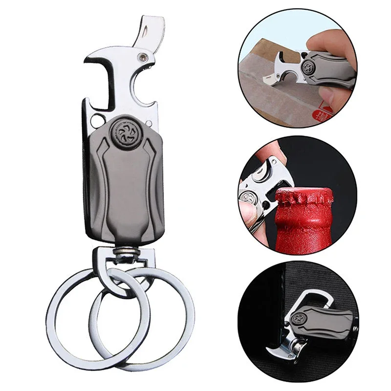 4-in-1 Heavy Duty Key Chain Anti-Anxiety  Rotatable Keyring Box Cutter Phone Holer Bottle Opener Car Keychain Accessories