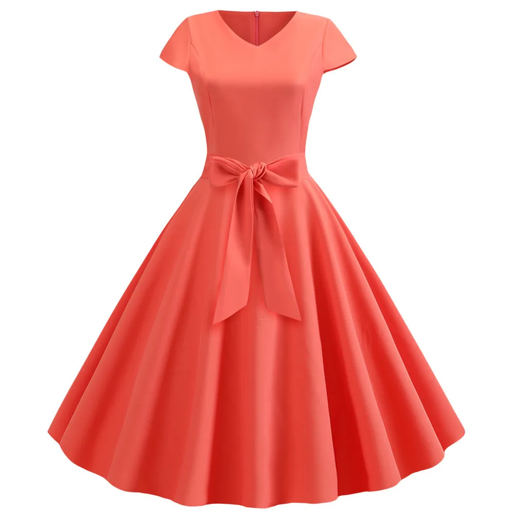 

Women Summer Pure Colour Fashion Vintage Dress Short Sleeve V neck Elegant Retro Robe Pinup Party Office Dresses Vestidos