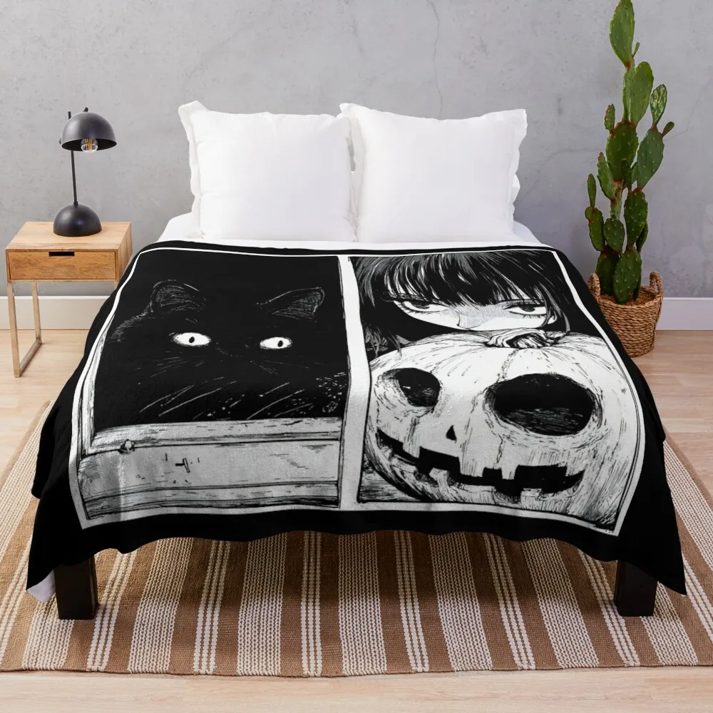 Feline Secrets in the Lantern’s Glow – black and white melancholic anime manga girl Throw Blanket Large For Sofa Thin Blankets