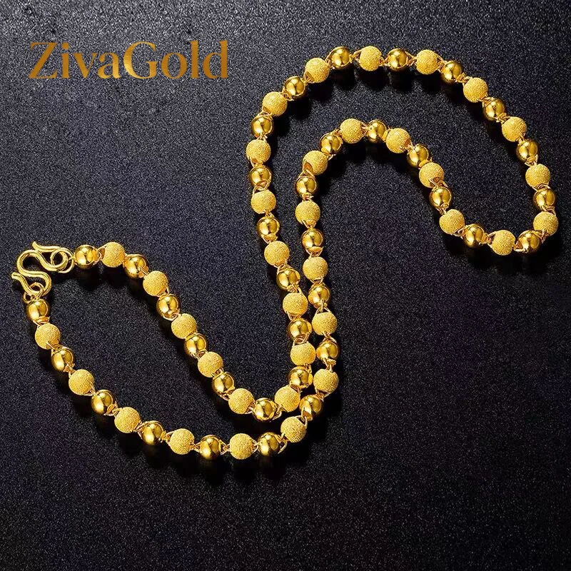 

ZivaGold Luxury 24K 9999 Pure Gold real gold Men's and Women's Necklace One Light Sand Ball Chain Frosted Light Bead Necklace