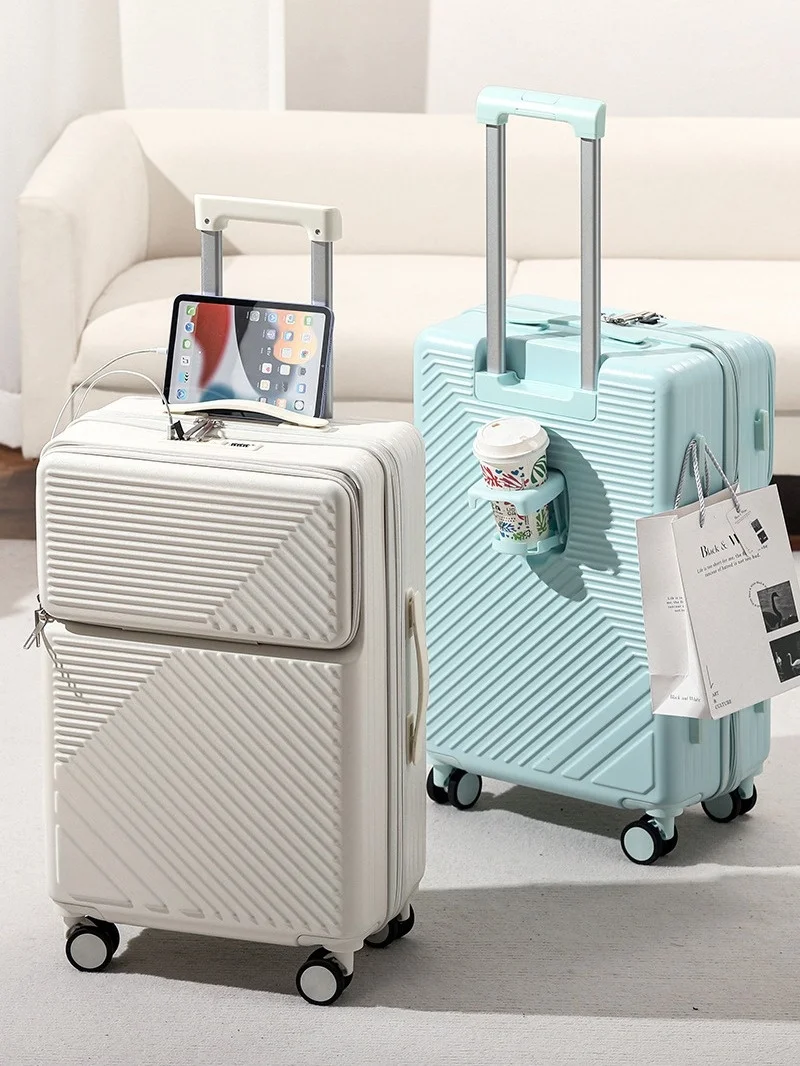 Semi-open Suitcase 20 24 26 inch Luggage with Cup Holder Bussiness Trip USB Charger Suitcases on Wheels TSA Lock Trolley Case