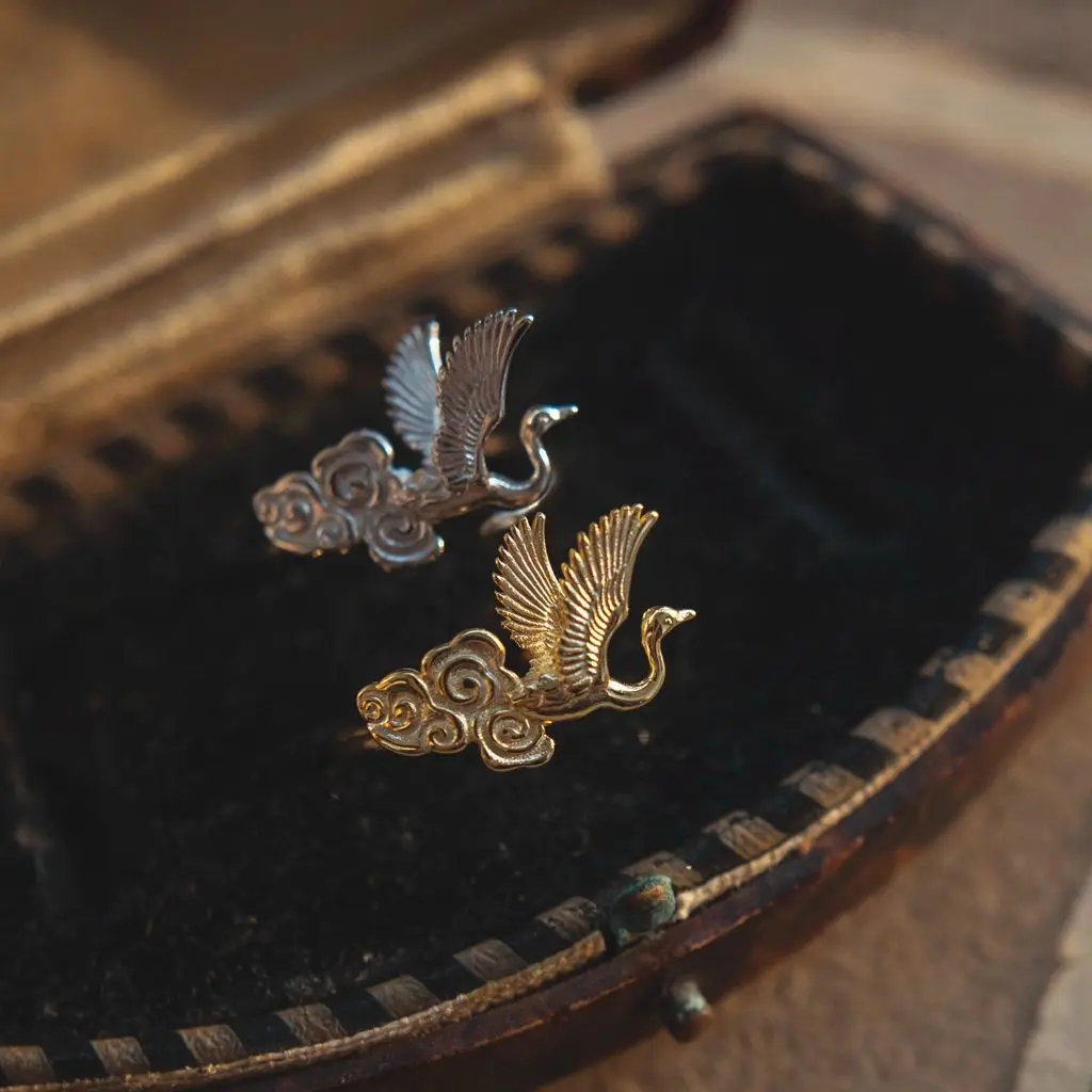 China-Chic Cloud Crane Carving Auspicious Cloud Ring Fashion Tail Ring Adjustable Ancient Style Ornaments for Men and Women Gift