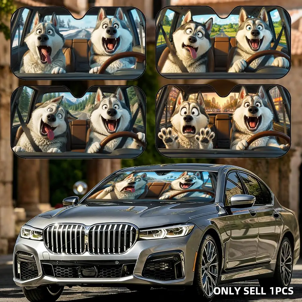 

Funny The husky is driving Sun Visor Foldable Aluminum Foil Car Windshield Sun Shade - UV Protection & Heat Insulation Visor