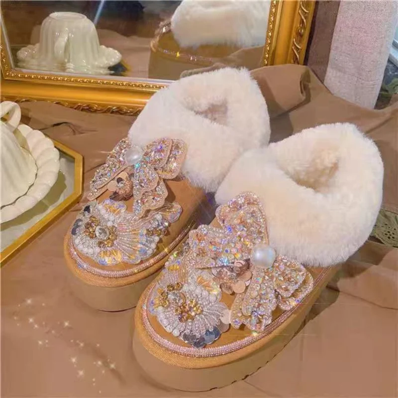 

Оригинальные зимние ботинки ручной работы с жемчугом и блестками, украшенные бисером, утолщенная повседневная и удобная женская хлопковая обувь 35-40