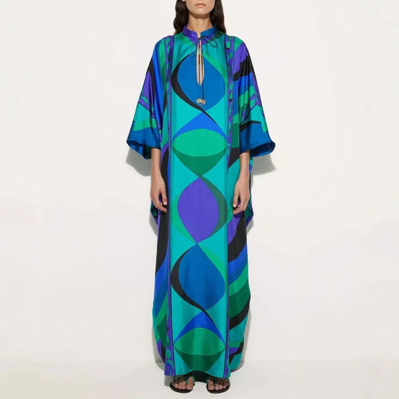 Vestaglie per donna Primavera Tie-up O Collo Abiti lunghi larghi Stampa geometrica retrò Abito lungo da festa Autunno Manica 3/4 Abito Boho da vacanza