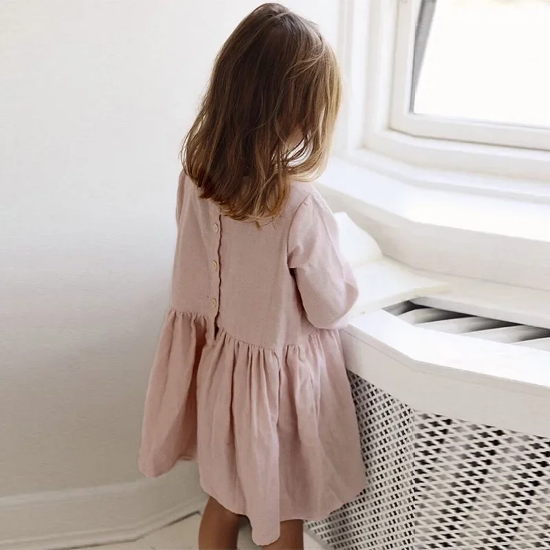 

Summer Girls' Linen Dress Solid Color Round Neck Loose Casual 7-sleeve Back Button A-line Dresses Children's Clothing，426600KLI