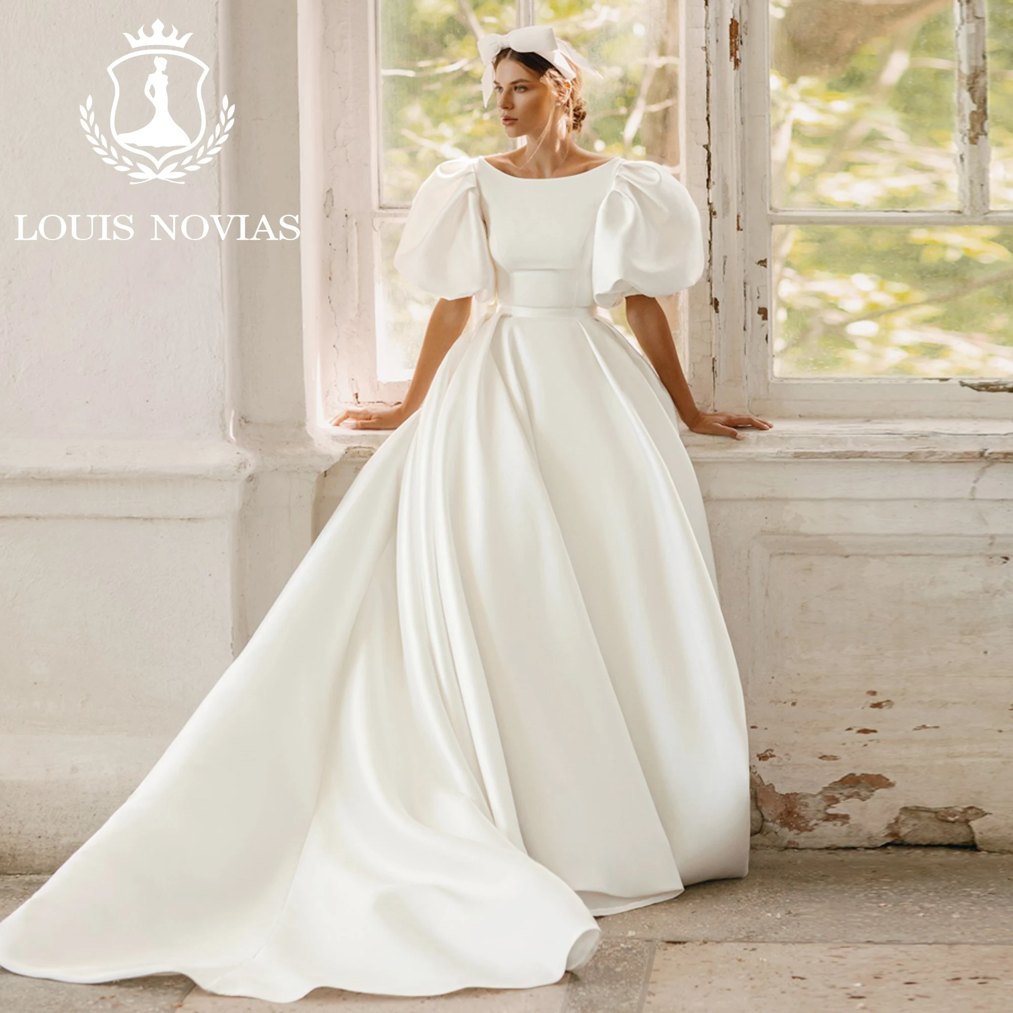 LOUIS NOVIAS Mermaid Satin Wedding Dresses 2023 Simple Romantic SCOOP Puff Sleeve Detachable Train Wedding Gown Vestido De Novia