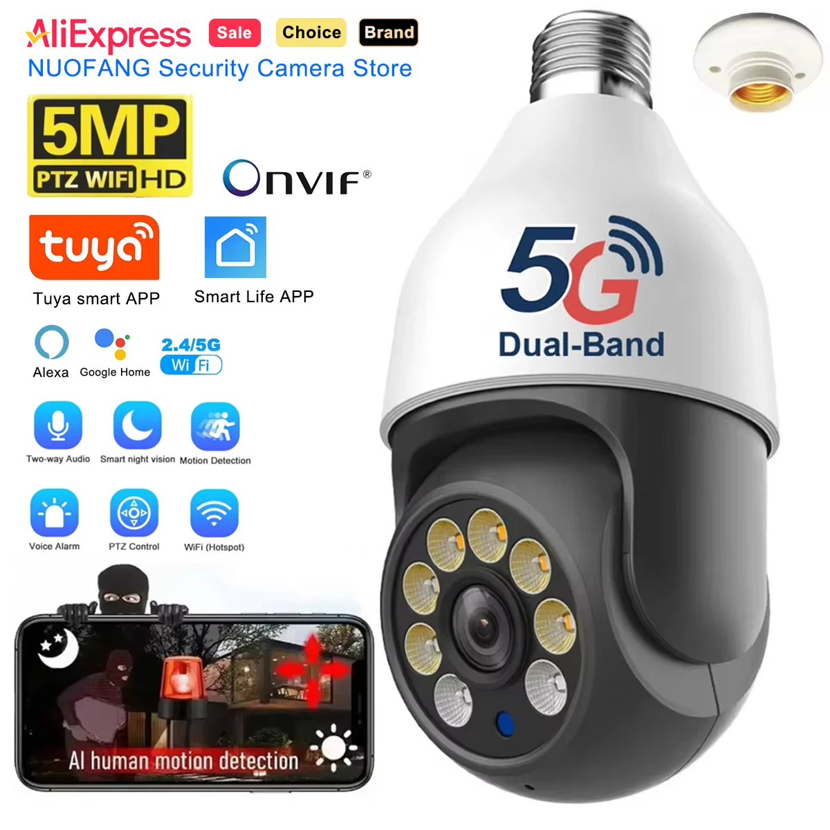yZ[z5MP TUYA E27 d IP CXJ 2.4 O/5 O WIFI PTZ IP CCTV OiCgrWZLeBrfIdĎJ