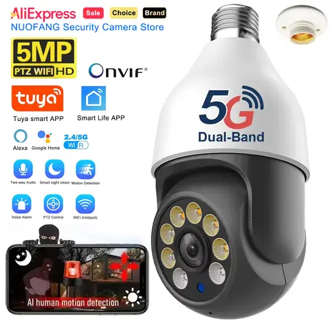 5MP TUYA E27 전구 IP 무선 카메라 2.4G/5G WIFI PTZ IP CCTV 야외 야간 투시경 보안 비디오 전구 감시 카메라