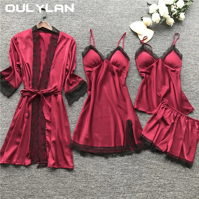 Oulylan 4PCS Women Silk Dress Robe Sleepwear Pajamas Set Lace Nightdress Lingerie Sexy Lingerie Dress with Garter