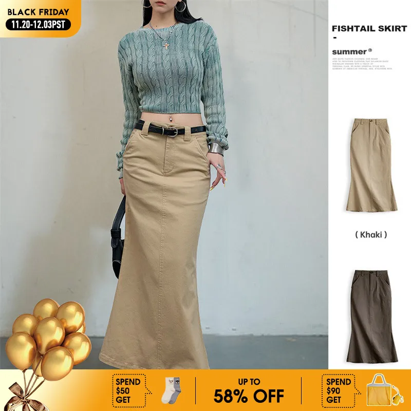 

Maden High Waist Slim Fishtail Skirt for Women Versatile Solid Color Elegant Long Half-body Skirt A-line Dress Slight Stretch